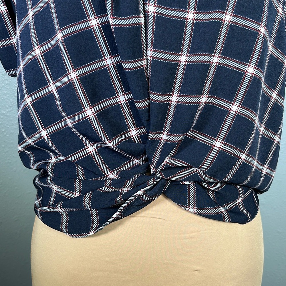 navy blue plaid twist front short sleeve blouse sz M picniccore fall casual - Picture 7 of 12